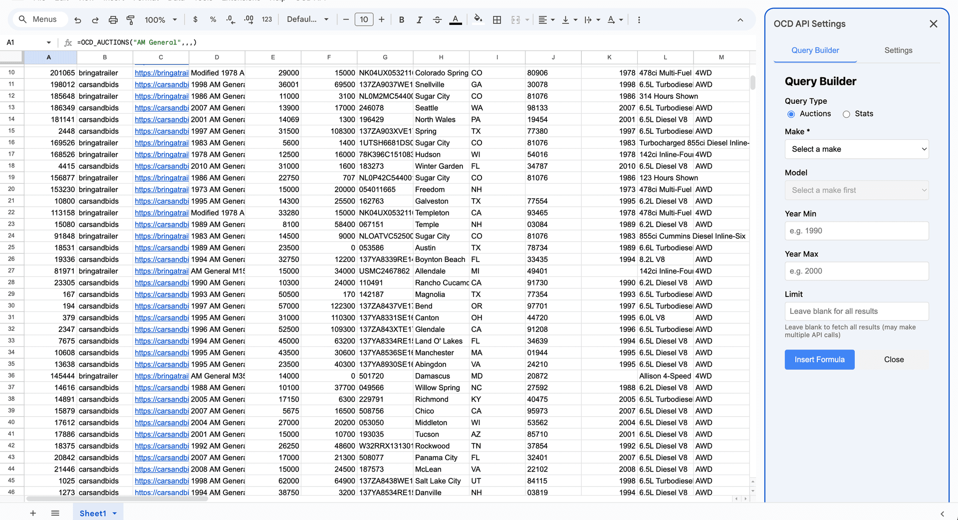 Google Sheets showing auction data with OCD API add-on