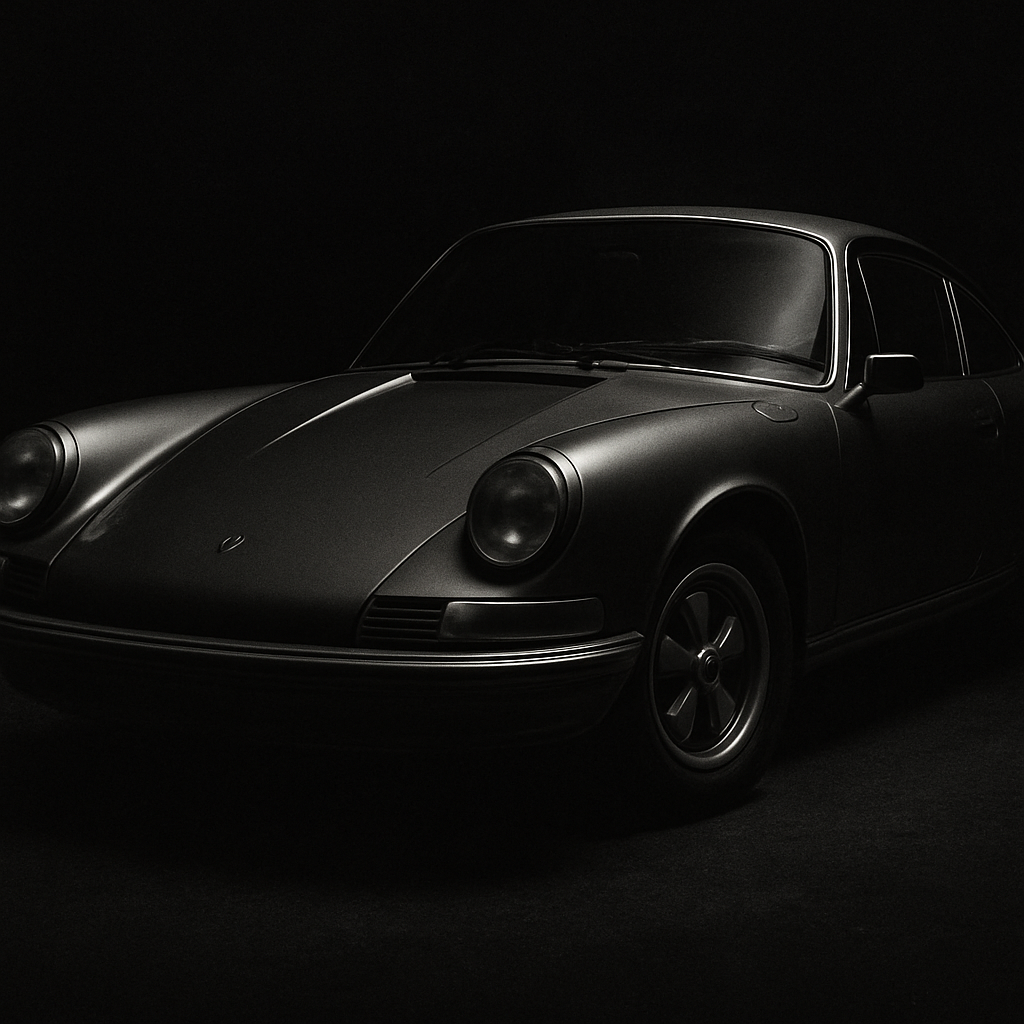Vintage collector sports car photographed in dramatic black and white